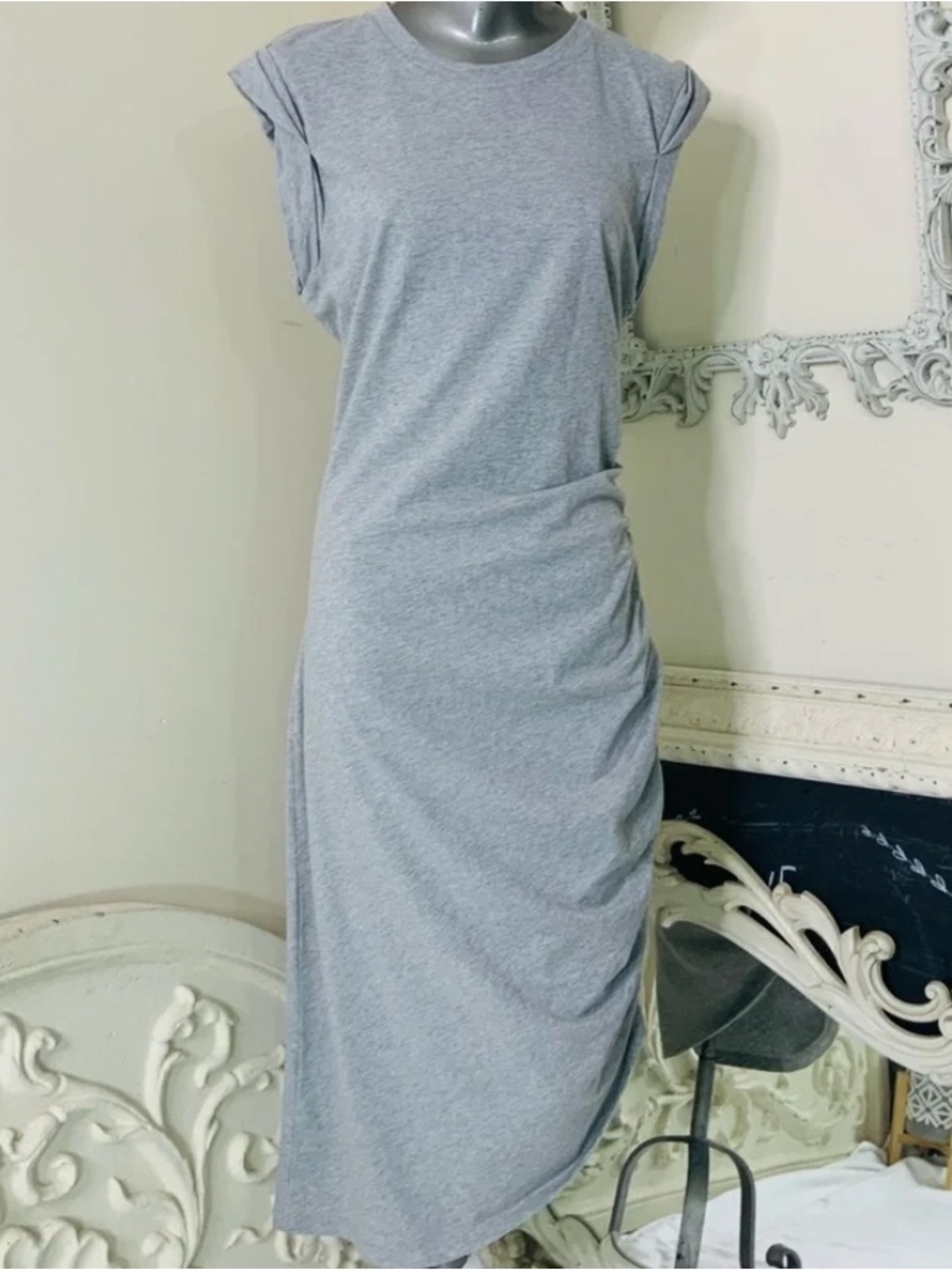 Veronica Beard Heather Gray Ruched Midi Tee Dress